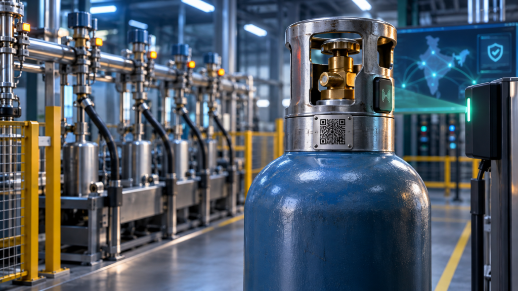 Industrial gas cylinder with a laser-etched DataMatrix code and embedded RFID tag inside an automated gas-filling plant.